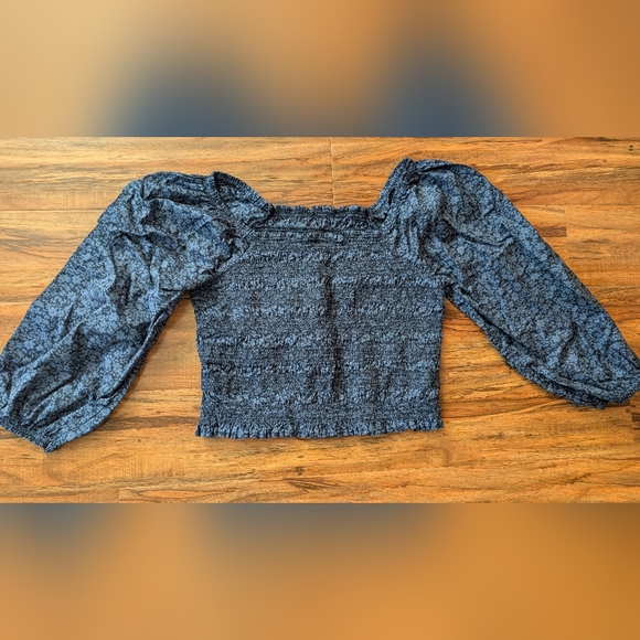 Blouse Tops - Blue Smocked Puff Sleeve Blouse